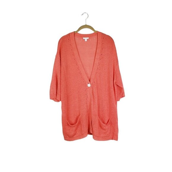 J Jill Love Linen Short Sleeve Cardigan Sweater Coral Knit Womens Size Large - Picture 1 of 8